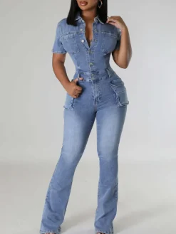 Short Sleeve Button Multi-Pocket Denim Jumpsuit