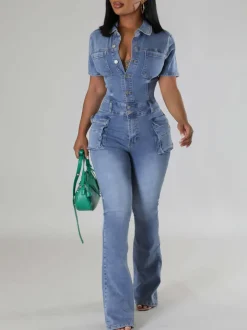 Short Sleeve Button Multi-Pocket Denim Jumpsuit