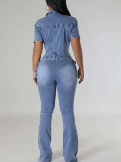 Short Sleeve Button Multi-Pocket Denim Jumpsuit