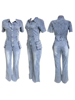 Short Sleeve Button Multi-Pocket Denim Jumpsuit