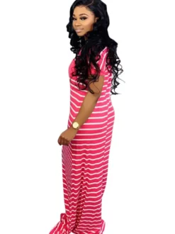 Short Sleeve Crew Neck Stripe Pocket Maxi Dress