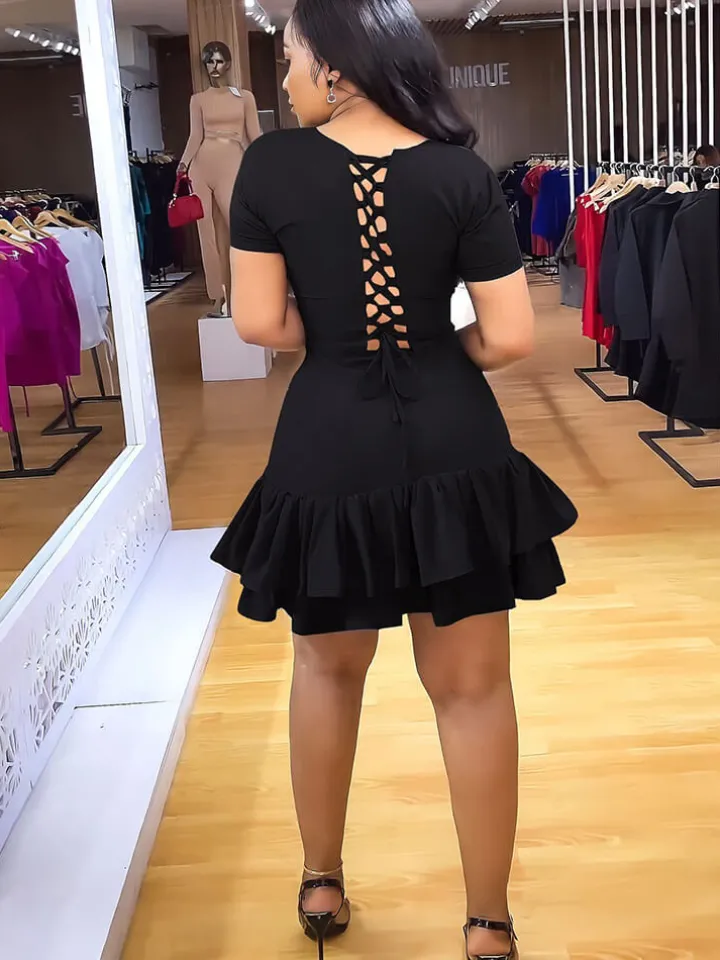 Short Sleeve Criss Cross Ruffle Mini Dress