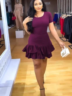 Short Sleeve Criss Cross Ruffle Mini Dress