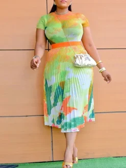 Short Sleeve Floral Print Pleated Skrit Suit