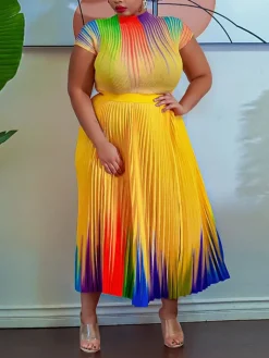 Short Sleeve Floral Print Pleated Skrit Suit