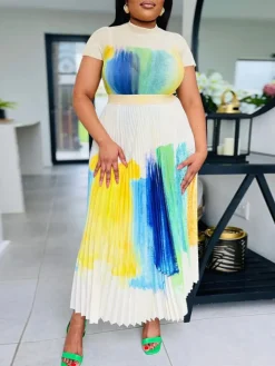 Short Sleeve Floral Print Pleated Skrit Suit