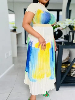 Short Sleeve Floral Print Pleated Skrit Suit