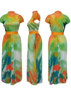 Short Sleeve Floral Print Pleated Skrit Suit