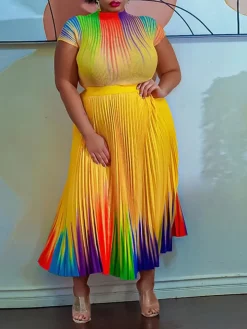 Short Sleeve Floral Print Pleated Skrit Suit