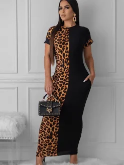 Short Sleeve Leopard Printed Patchwork Maxi Dress