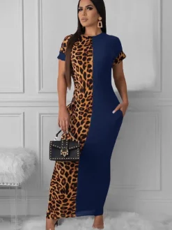 Short Sleeve Leopard Printed Patchwork Maxi Dress