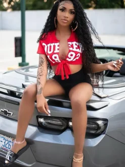 Short Sleeve Letter Print Lace Up Top