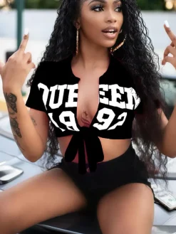 Short Sleeve Letter Print Lace Up Top