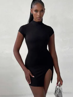 Short Sleeve Mock Neck Backless Mini Dress