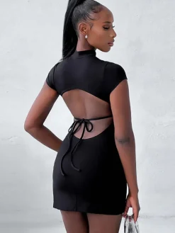 Short Sleeve Mock Neck Backless Mini Dress