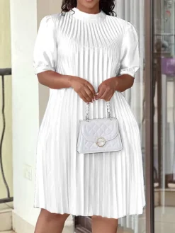 Short Sleeve Mock Neck Pleated Mini Dress