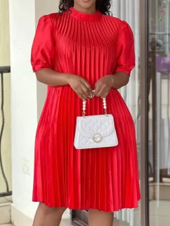 Short Sleeve Mock Neck Pleated Mini Dress