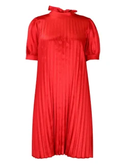 Short Sleeve Mock Neck Pleated Mini Dress