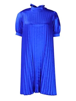 Short Sleeve Mock Neck Pleated Mini Dress