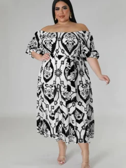 Short Sleeve Off Shoulder Floral Midi Dress