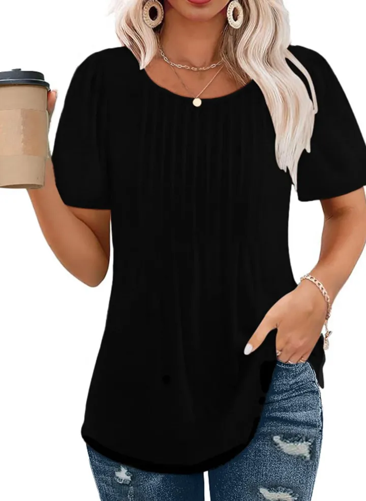 Short Sleeve Pleated Crew Neck Top