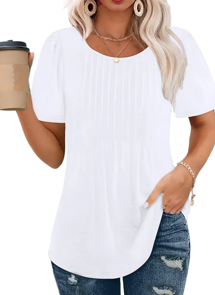 Short Sleeve Pleated Crew Neck Top