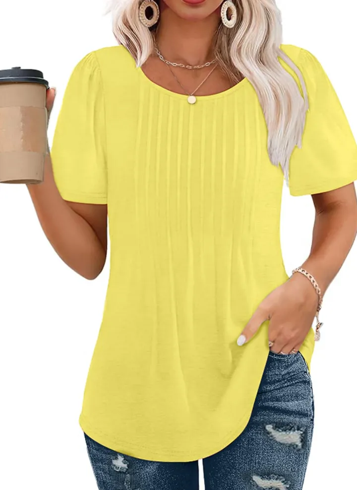 Short Sleeve Pleated Crew Neck Top