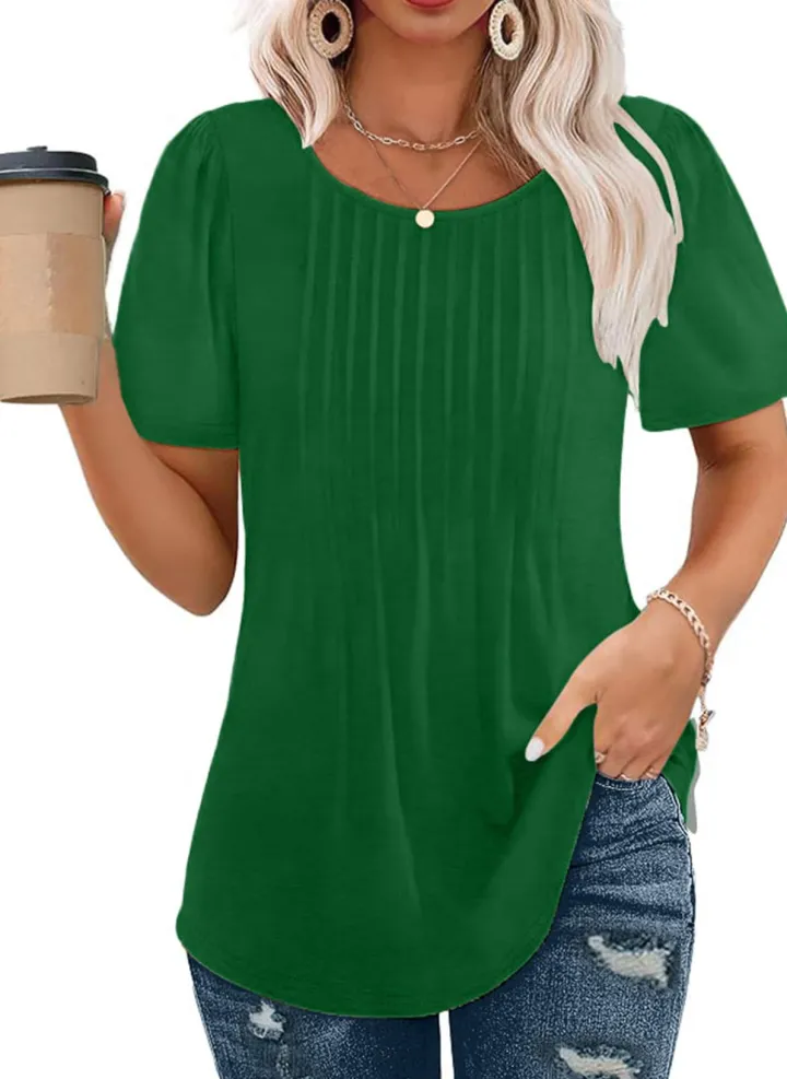 Short Sleeve Pleated Crew Neck Top