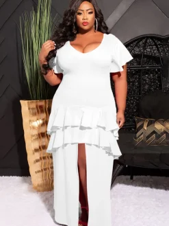 Short Sleeve Ruffle Layer Maxi Dress