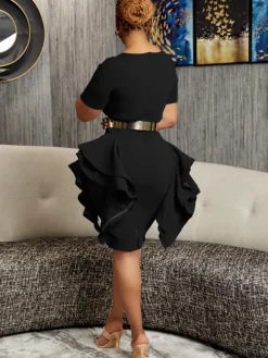 Short Sleeve Ruffle Patchwork Midi Dress