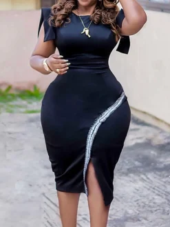 Short Sleeve Side Slit Shiny Trim Bodycon Midi Dress