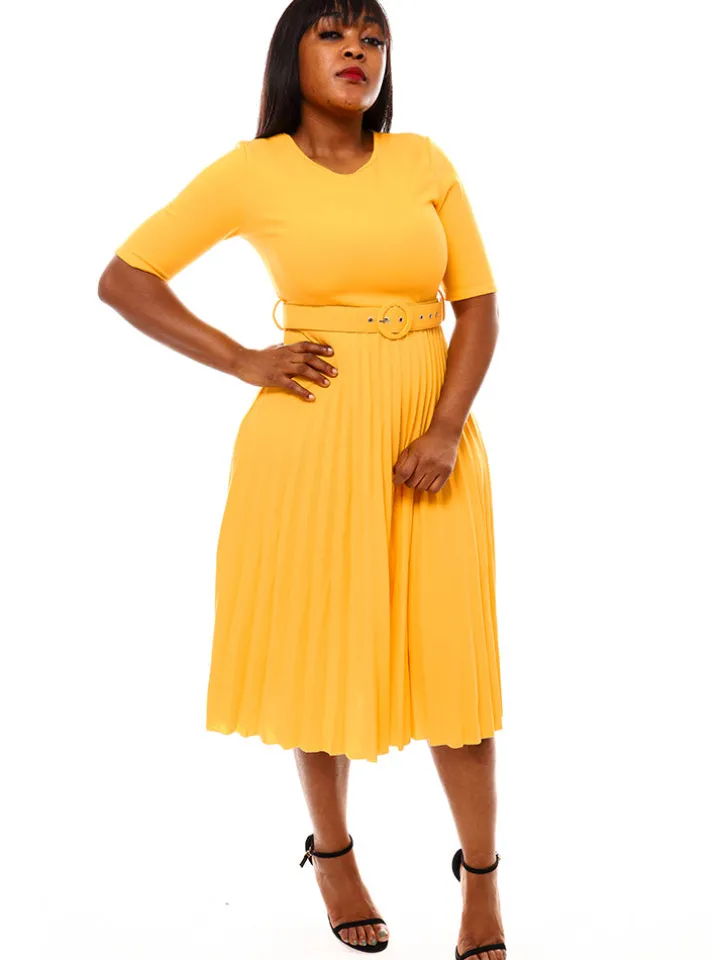 Short Sleeve Solid Color Pleated Midi Dress with Belt