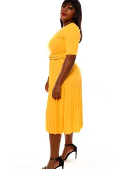 Short Sleeve Solid Color Pleated Midi Dress with Belt