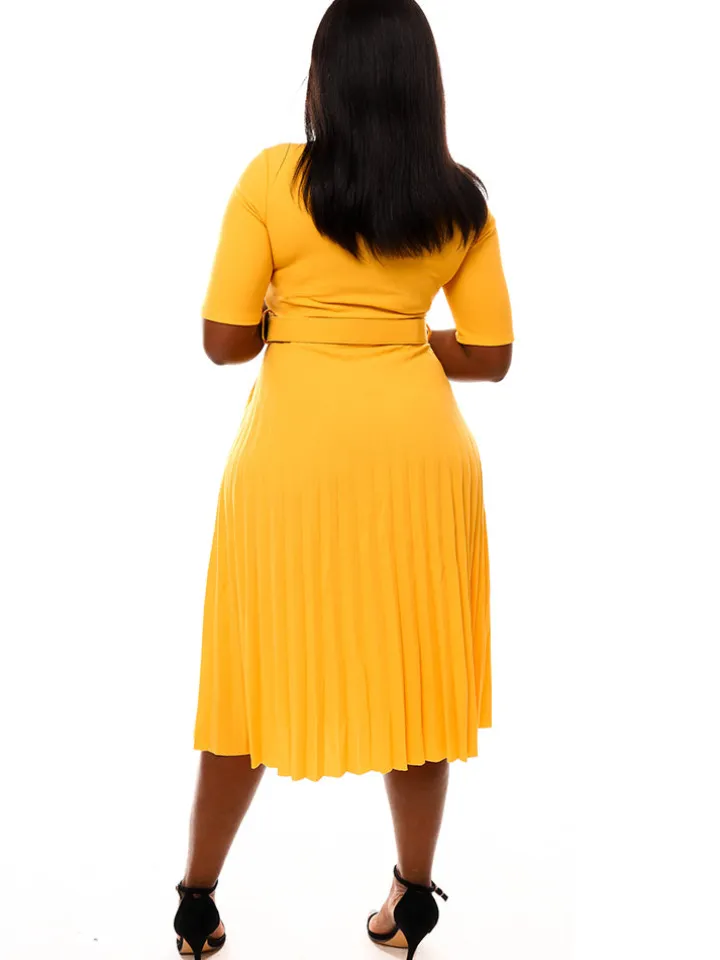 Short Sleeve Solid Color Pleated Midi Dress with Belt