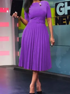 Short Sleeve Solid Color Pleated Midi Dress with Belt
