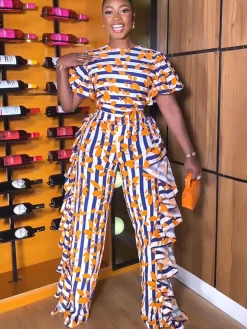 Short Sleeve Striped Print Ruffle Jumpsuit