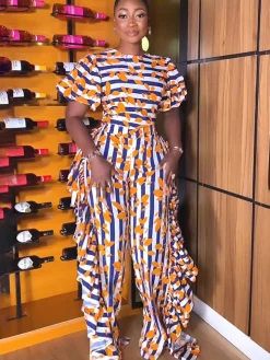 Short Sleeve Striped Print Ruffle Jumpsuit