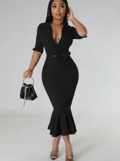 Short Sleeve V Neck Bodycon Midi Dress
