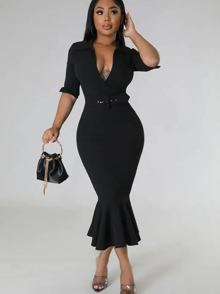 Short Sleeve V Neck Bodycon Midi Dress