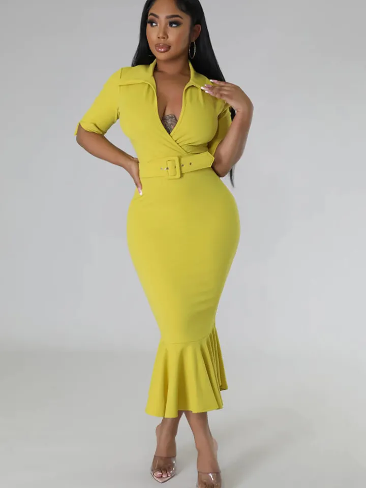Short Sleeve V Neck Bodycon Midi Dress