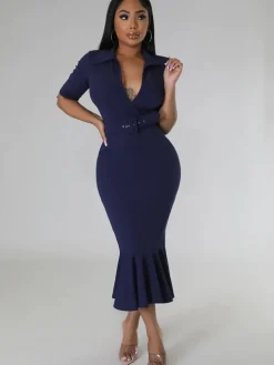 Short Sleeve V Neck Bodycon Midi Dress