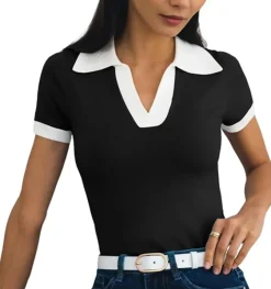 Short Sleeve V Neck Collared Colorblock Top