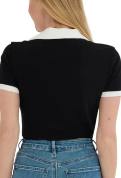 Short Sleeve V Neck Collared Colorblock Top
