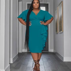 Short Sleeve V Neck Ruffle Midi Dress