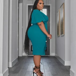 Short Sleeve V Neck Ruffle Midi Dress