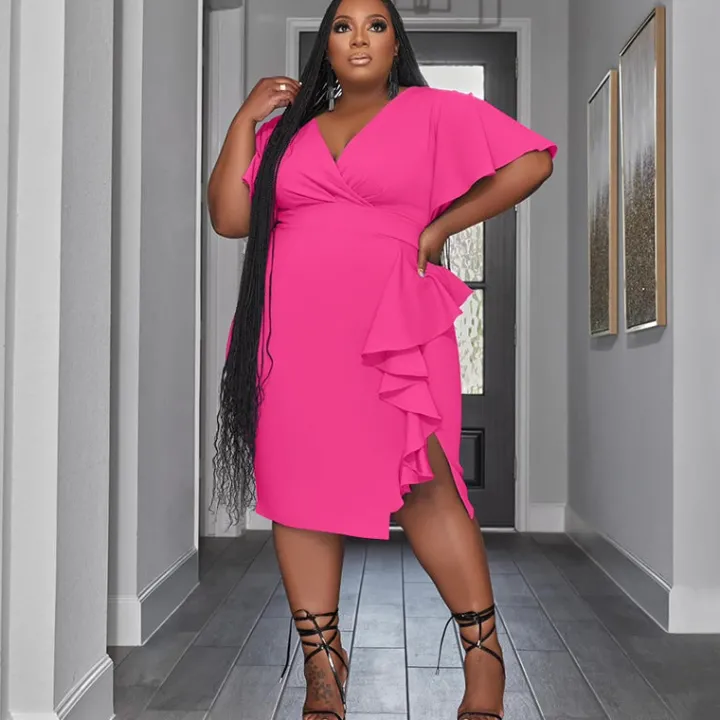 Short Sleeve V Neck Ruffle Midi Dress