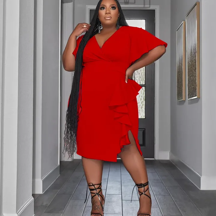 Short Sleeve V Neck Ruffle Midi Dress