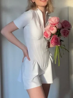 Short Sleeve Zip Front Rompers