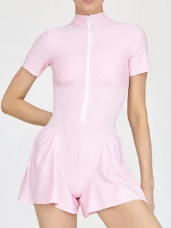 Short Sleeve Zip Front Rompers