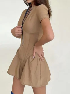 Short Sleeve Zip Front Rompers